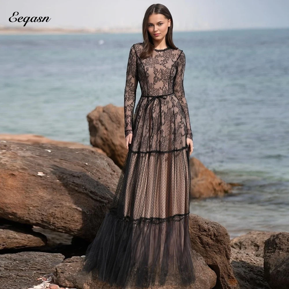 Robe de Soirée en Dentelle à Manches Sulfet Col Rond pour Femme Occasions Spéciales Mariage Personnalisée Taille Naturelle Longueur au Sol Tricoter